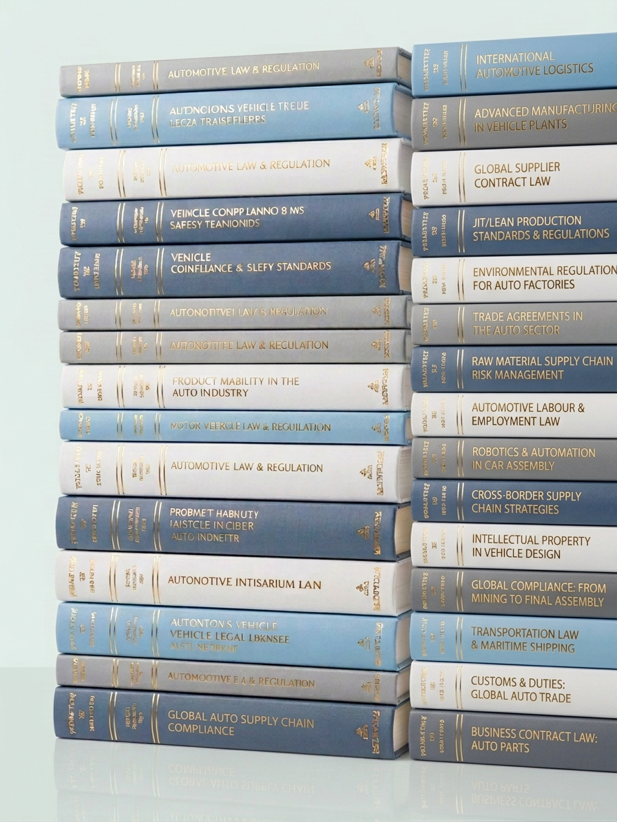 A large stack of many automotive legal books piled high on a clean white marble desk. Modern, minimalist style. The books have professional spines with legal and automotive titles. Soft, elegant lighting. Dark background to contrast the white desk. High-end law firm aesthetic. Photorealistic.